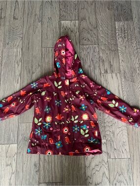 Hatley size 4 rain jacket burgundy with birds and flowers